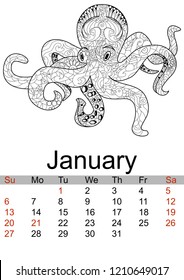 Calendar January 2019 year. Antistress coloring octopus, sea animal, molusk. Vector illustration