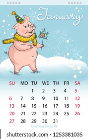 Calendar for January 2019, year of the Pig. Pig, symbol of the year Vector illustration. happy New Year.