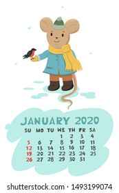 Calendar for January 2020 with a mouse that feeds the bird crumbs. Vector graphics.