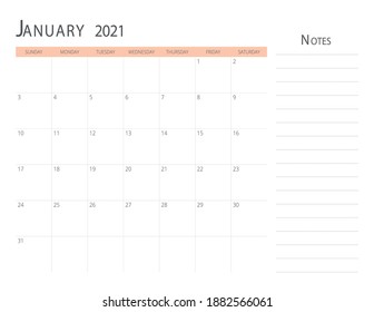 calendar january 2021 with notes, printable