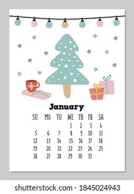 Calendar for January 2021. Planner template with cute doodle and Scandinavian style christmas tree and New Year garland. Vector illustration
