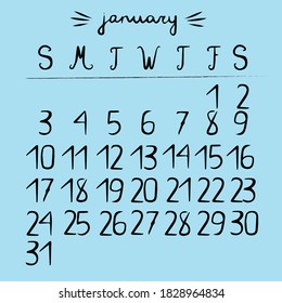 Zeitplan für Januar 2021. Vorlage. Vektorgrafik