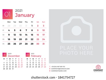 Calendar for January 2021. Vector design print template with place for photo. Week starts on Monday. 3 months on page