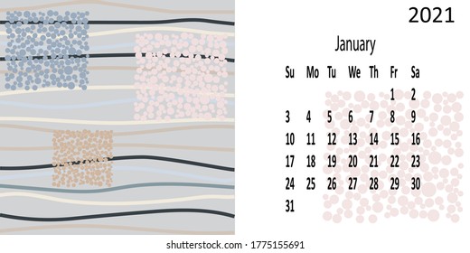 Calendar for January 2021, the week begins on Sunday. Stylish image for the background. Vector illustration