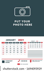 Calendar for January 2021. Week starts on Sunday. Wall calendar planner template.Calendar template design with Place for Photo and Company Logo.  Vector illustration. 