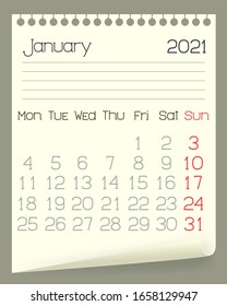 Calendar January 2021 year on a folded notebook with holes. English language. Week starts on Monday. Monthly planner design template in vector. 