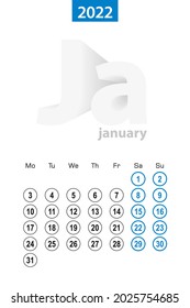 Calendar for January 2022, blue circle design. English language, week starts on Monday. Vector template.