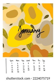 Calendar of January 2023, aesthetic colorful flowers yellow, orange shades vector, illustrations.