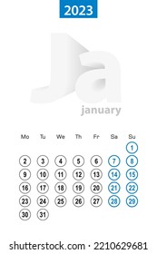 Calendar for January 2023, blue circle design. English language, week starts on Monday. Vector template.