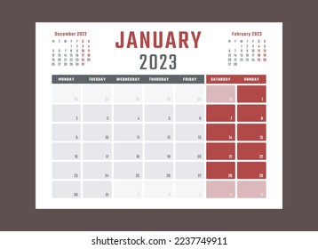 calendar for January 2023 starts monday, vector calendar design January 2023 year