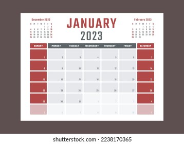 calendar for January 2023 starts sunday, vector calendar design January 2023 year