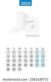 Calendar for January 2024, blue circle design. English language, week starts on Monday. Vector template.