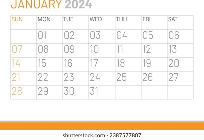 Calendar January 2024, corporate design template vector. Desk calendar 2024