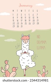 Calendar for January 2024 from Monday to Sunday. Cute llama standing in yoga pose. Alpaca cartoon character. scandinavian style design. Funny animal. Vector illustration