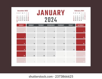 calendar for January 2024 starts sunday, vector calendar design January 2024 year