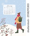 Calendar of january 2025 with hand drawn illistration inspired by nature and winter season. Week start from Monday. Poster with young woman walking on a snowy day