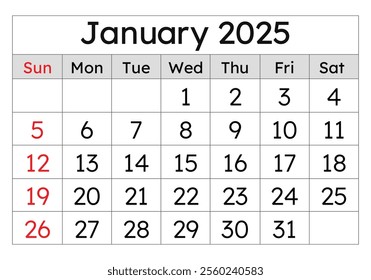 Calendar for January 2025. Simple vector illustration. English page of the winter month