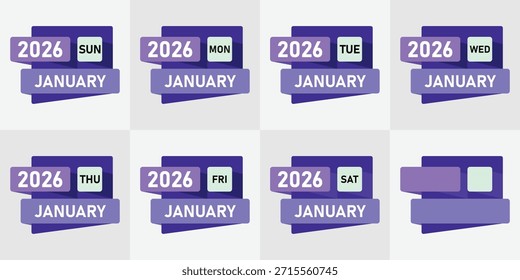 Calendario Enero de 2026 concepto de diseño de ilustración de conjunto de iconos de Vector. Plantilla abstracta de diseño de calendario 2026. Etiqueta engomada de la cuenta regresiva de la venta o insignia del temporizador con la Ilustración vectorial del calendario de fecha del último día.