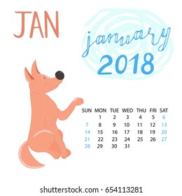 Calendar for january in year 2018. Red dog isolated on white background. 