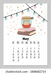 Calendar with a jar of jam staying on the books for May 2021. Planner template with doodle and Scandinavian style garlands and lamps. Vector illustration