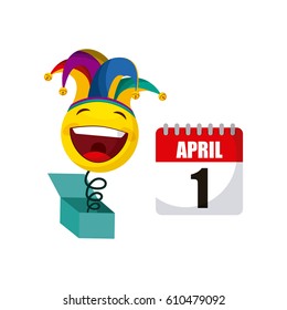 calendar and joke box with happy face over white background. april fools day concept. colorful design. vector illustration