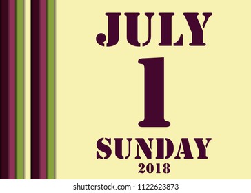 Calendar July 1, 2018 year, sunday. vector illustartion with vertical stripes on the yellow background, violet letters and number. Date of Canada Day celebration.