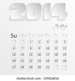 Calendar of July 2014 with the 3D image, vector