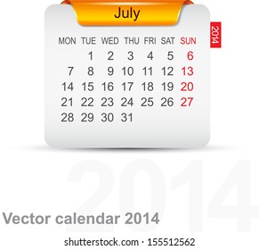 Calendar July 2014. Vector.