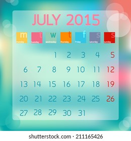 Calendar July 2015. Flat style background.