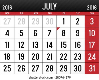 Calendar for July, 2016