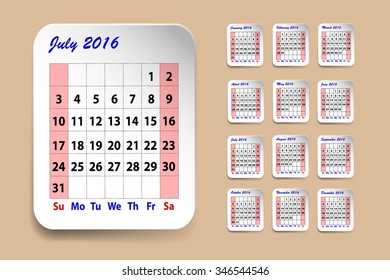 Calendar for July 2016. Twelve monthly sheets are on the right side of the vector. Calendar for July  is on the left side. All is on the trendy yellow background.