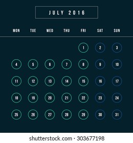 Calendar July 2016 vector design template - Minimalism Style