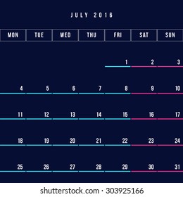 Calendar July 2016 vector design template - Minimalism Style