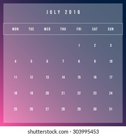 Calendar July 2016 vector design template - Minimalism Style