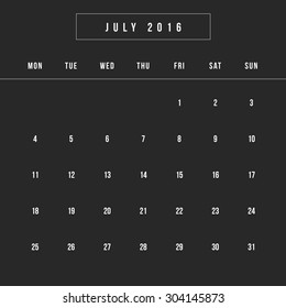 Calendar July 2016 vector design template - Minimalism Style
