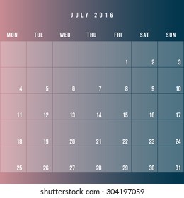 Calendar July 2016 vector design template - Minimalism Style