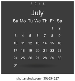 Calendar July 2016 vector design. Week starts from Sunday.