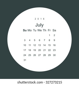 Calendar July 2016 vector design. Week starts from Sunday.