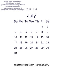Calendar July 2016 vector design. Week starts from Sunday.