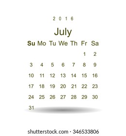 Calendar July 2016 vector design. Week starts from Sunday.