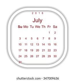 Calendar July 2016 vector design. Week starts from Sunday.