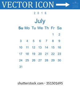 Calendar July 2016 vector design. Week starts from Sunday. icon