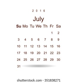 Calendar July 2016 vector design. Week starts from Sunday. icon