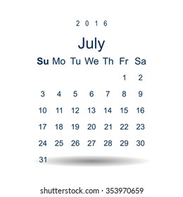 Calendar July 2016 vector design. Week starts from Sunday. icon