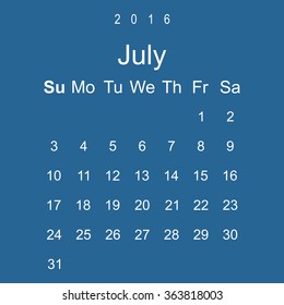 Calendar July 2016 vector design. Week starts from Sunday. icon, vector illustration. Modern design. Flat design style