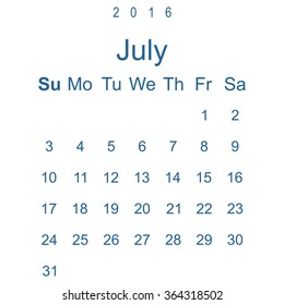 Calendar July 2016 vector design. Week starts from Sunday. icon, vector illustration. Modern design. Flat design style