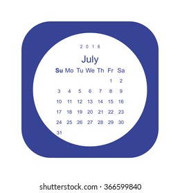 Calendar July 2016 vector design. Week starts from Sunday. icon