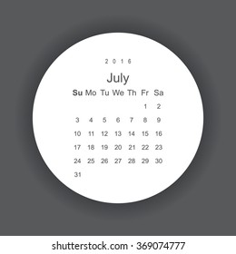Calendar July 2016 vector design. Week starts from Sunday. icon, vector illustration. Modern design. Flat design style