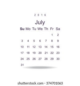 Calendar July 2016 vector design. Week starts from Sunday. icon