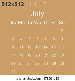 Calendar July 2016 vector design. Week starts from Sunday.